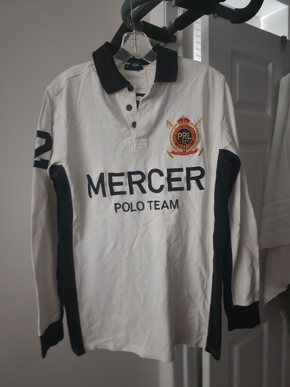 Ralph Lauren White Long-Sleeve Mercer Polo with Navy Accents. Unisex.